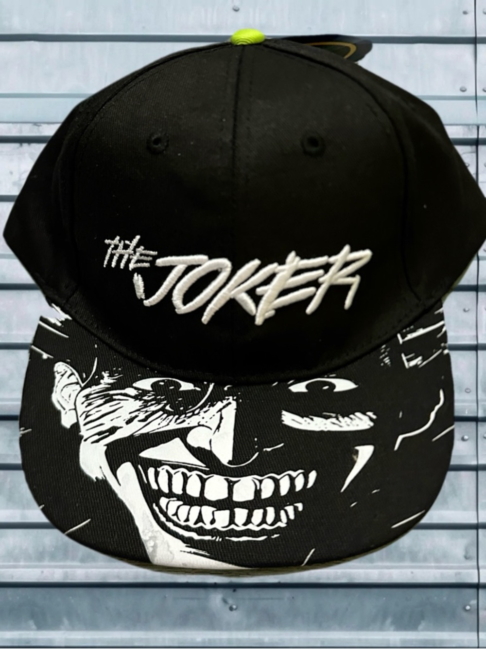 Batman Black and White "The Joker" Graphic Snapback Hat with Lime Accent